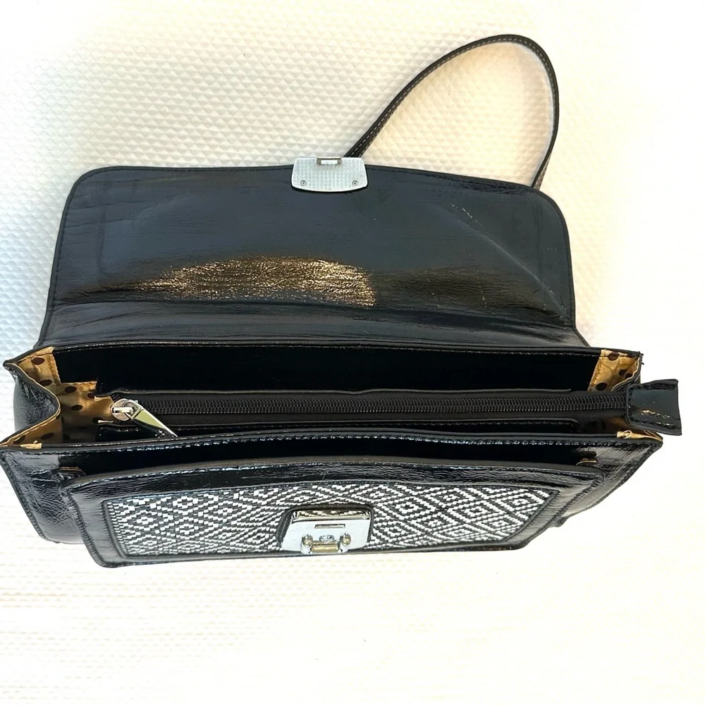 Melie Bianco Patent with Black & White Straw Geometric Satchel Handbag Purse Bag